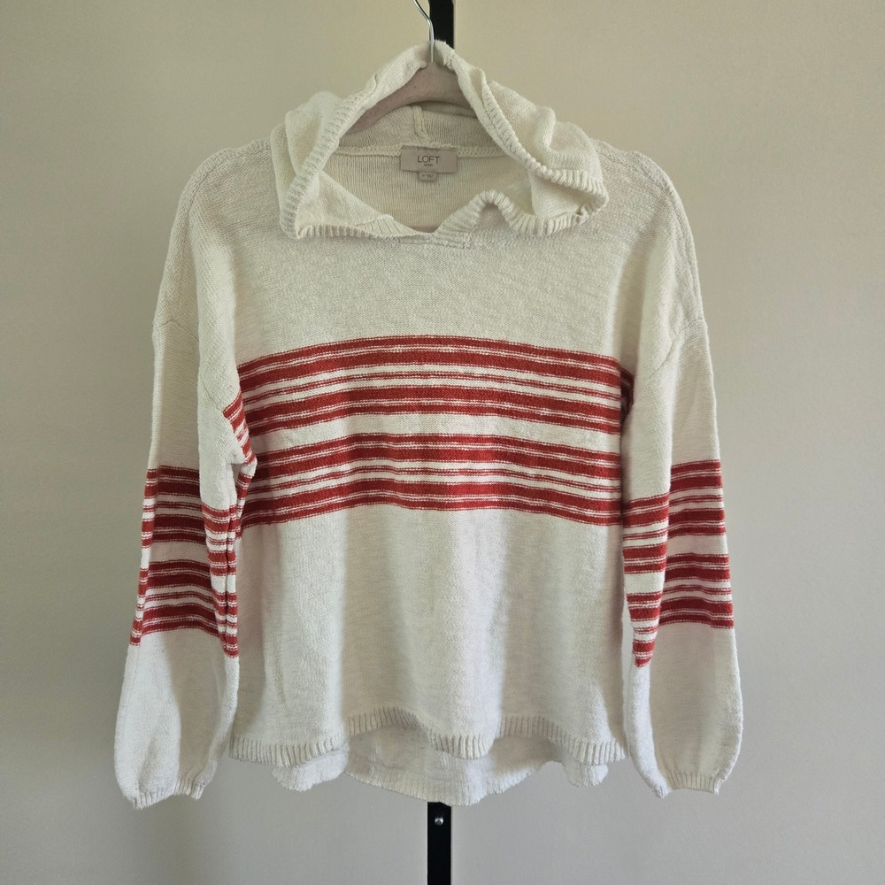 LOFT White Red Striped Cotton Hooded Sweater Medium Coastal Preppy Nautical